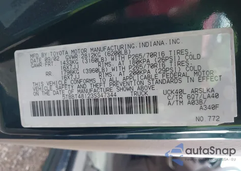 2003 Toyota Tundra Ltd V8 z USA, uszkodzony, nr VIN 5TBBT48123S347344